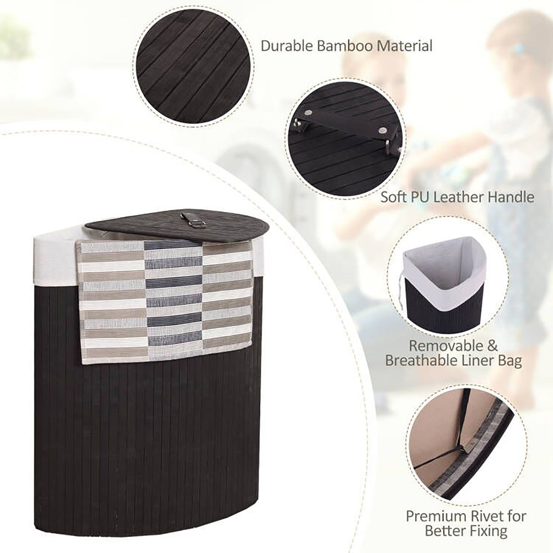 Costway Corner Bamboo Hamper Laundry Basket Washing Cloth Bin Storage Bag Lid Black - Black_5