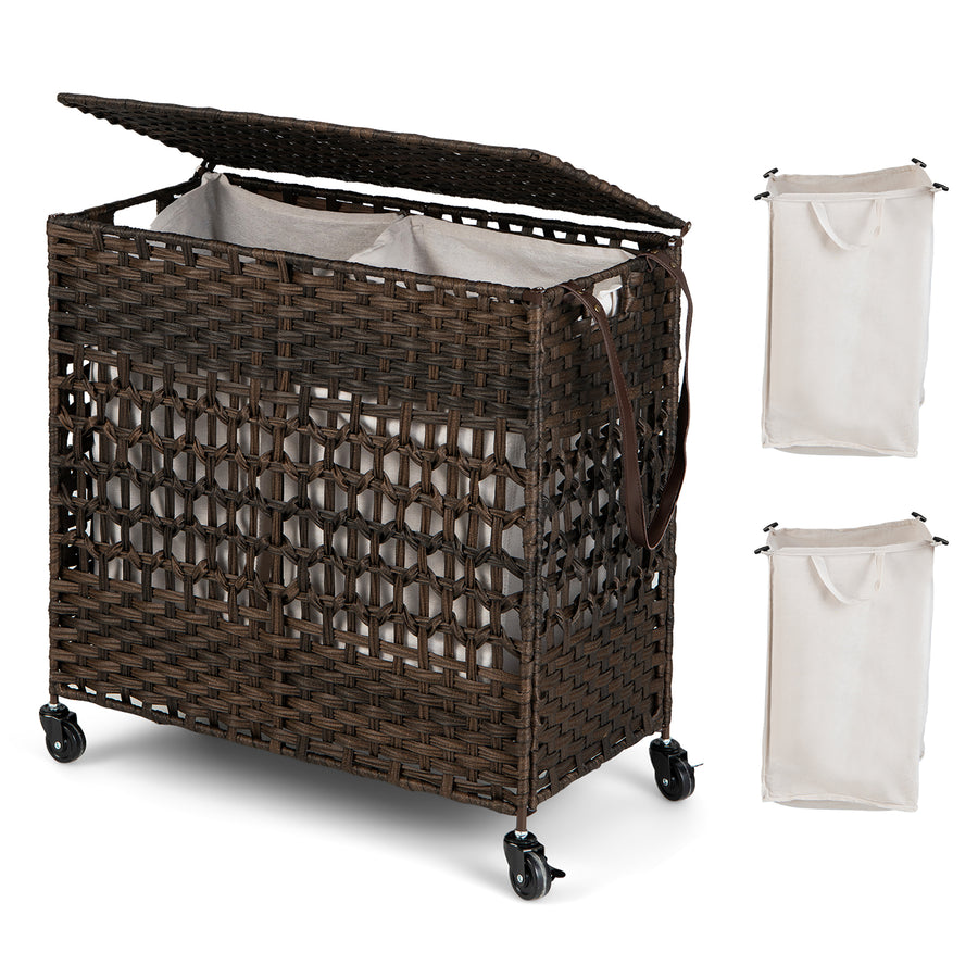 Costway 110L Laundry Hamper w/Wheels Clothes Basket w/Lid and Handle and 2 Liner Bags - Brown_0