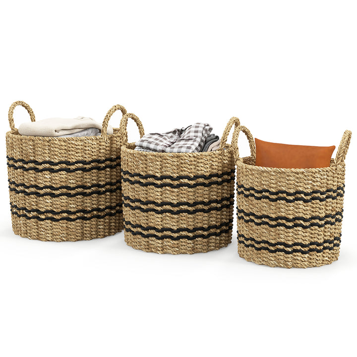 Costway Seagrass Basket Set of 3 Stackable Storage Bins w/ Handles Home Organizers - Natural_0