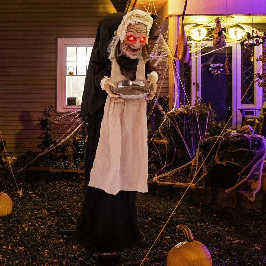 Costway - 5.2 FT Halloween Animated Standing Greeter Old Lady with Candy Dish & LED Eyes - Black/White_0