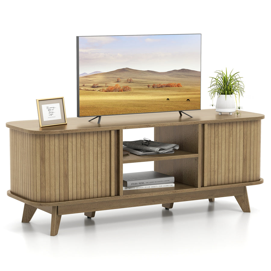 Costway - TV Stand for TV up to 55 Inch Television Cabinet with 2 Open Shelves Sliding Doors - Oak_0