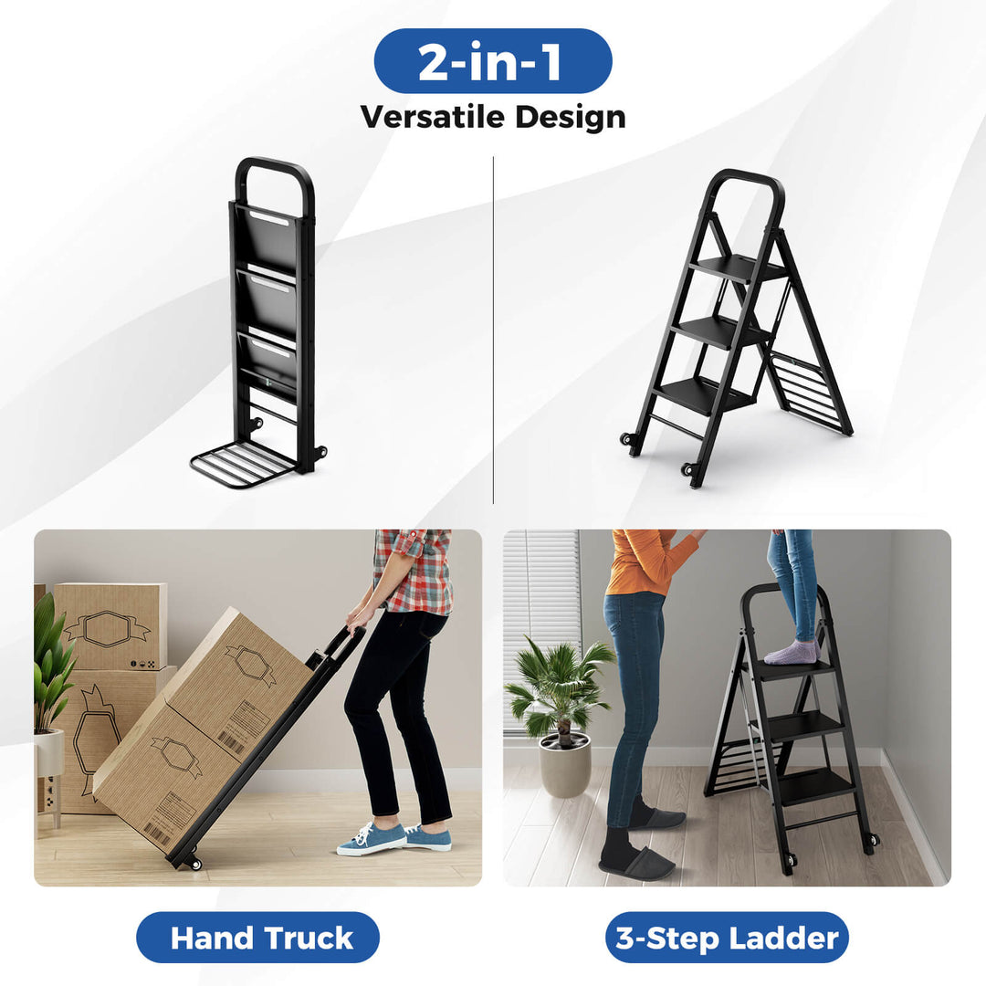 Costway - 2-in-1 Ladder and Hand Truck Combo Collapsible 3-Step Ladder with Wheels - Black_5