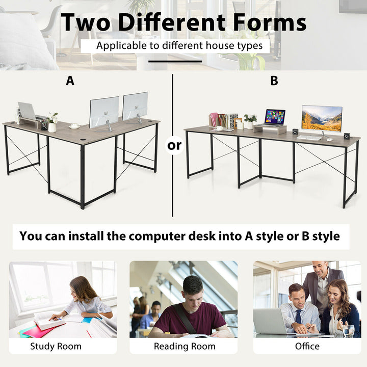 Costway - L-Shaped Reversible Computer Desk 2-Person Long Table with Monitor Stand - Gray_5