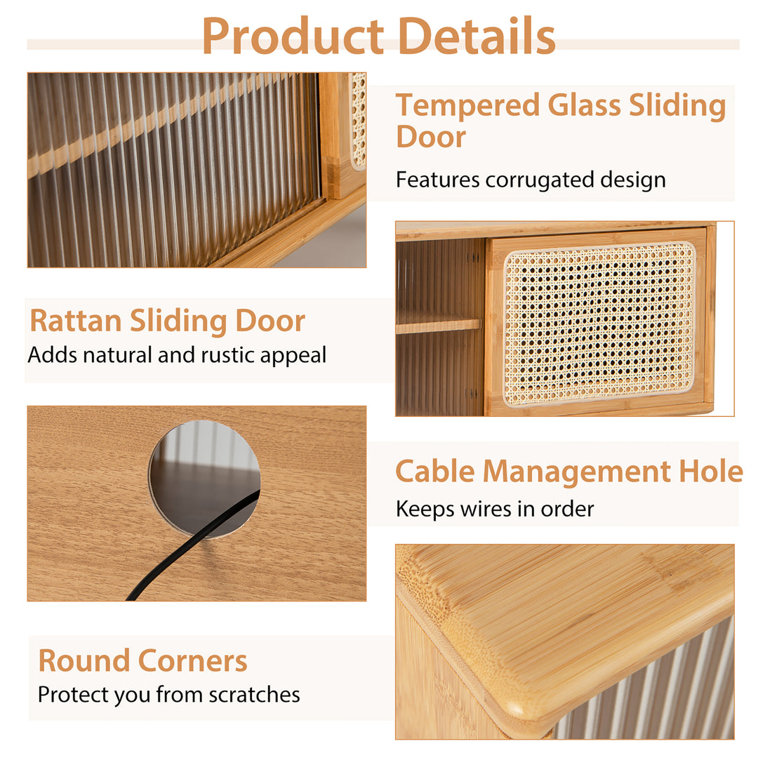 Costway - Modern TV Stand Entertainment Center Media Console w/Rattan  Glass Sliding Doors - Natural_9