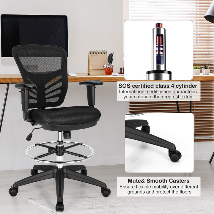 Costway - Mesh Drafting Chair Office Chair with Adjustable Armrests and Foot-Ring - Black_6