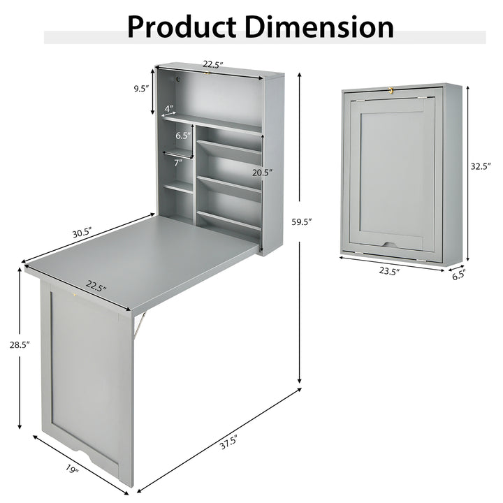 Costway - Wall Mounted Computer Convertible Desk Floating Desk with Storage Bookcases - Gray_2