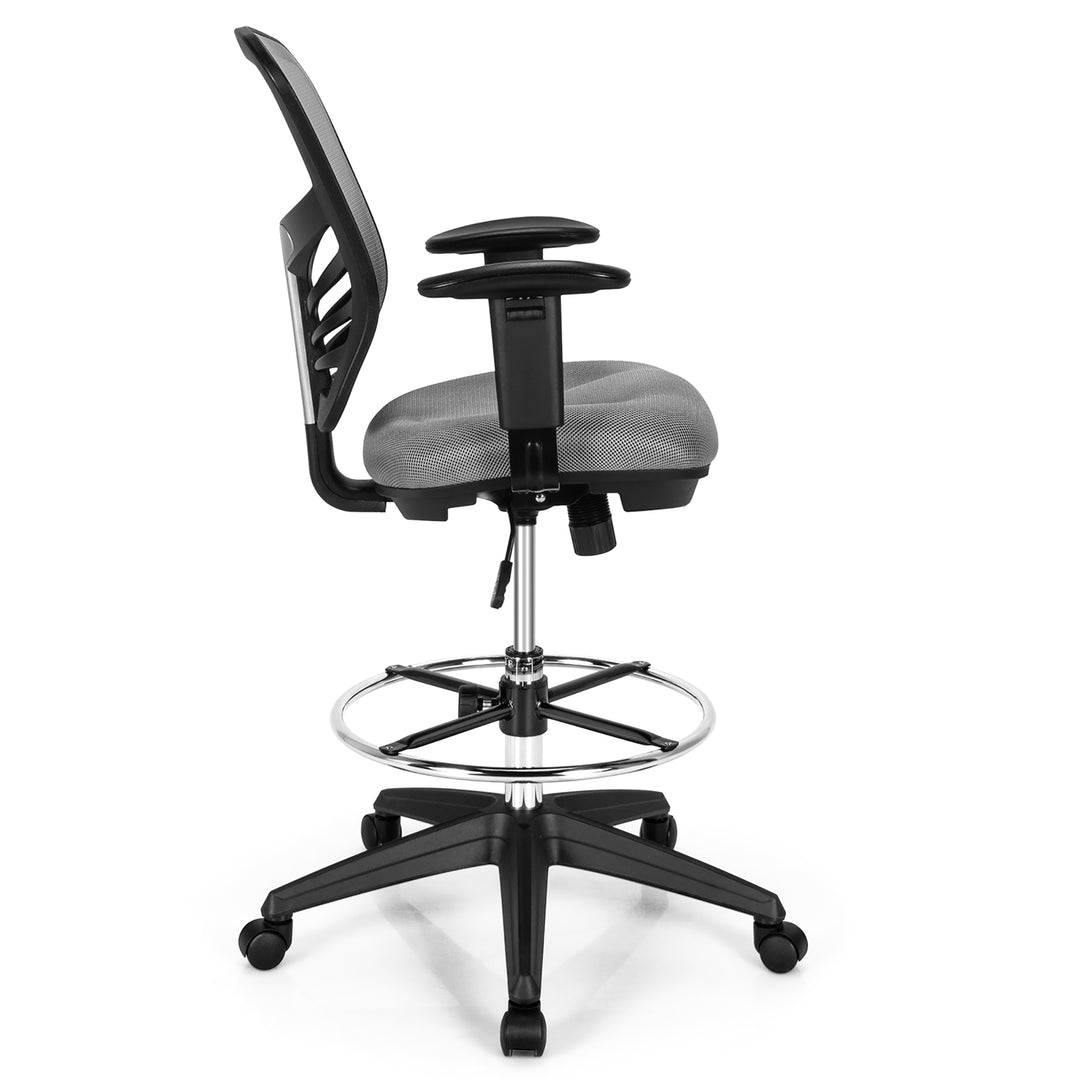 Costway - Mesh Drafting Chair Office Chair with Adjustable Armrests and Foot-Ring - Gray_10