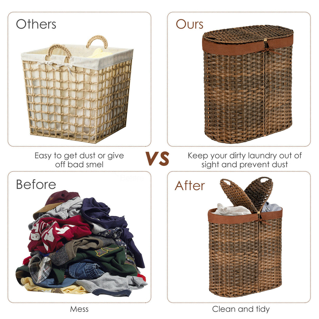 Costway Handwoven Laundry Hamper Laundry Basket w/2 Removable Liner Bags Brown - Brown_7