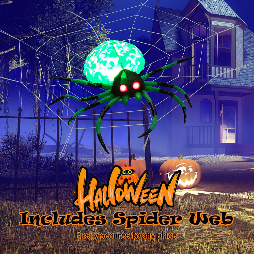 Costway - 5 FT Long Halloween Inflatable Spider with White Net Yard Decor w/Rotating Light - Green_1