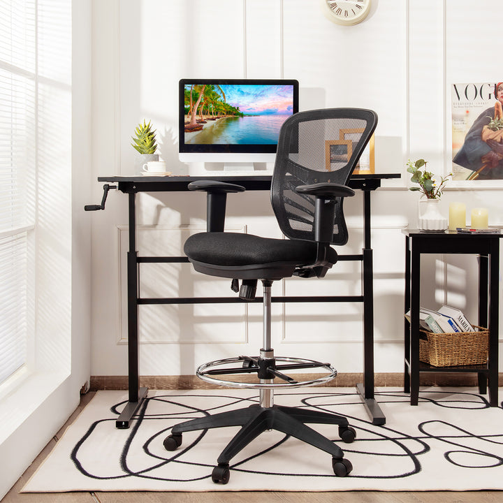 Costway - Mesh Drafting Chair Office Chair with Adjustable Armrests and Foot-Ring - Black_1