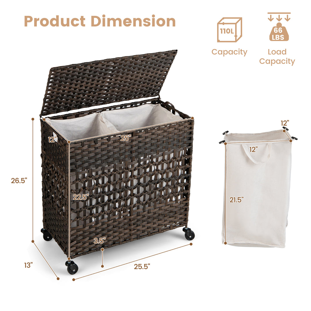 Costway 110L Laundry Hamper w/Wheels Clothes Basket w/Lid and Handle and 2 Liner Bags - Brown_2