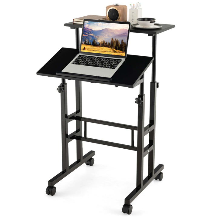 Costway - Mobile Standing Desk Rolling Adjustable Laptop Cart Home Office - Black_0