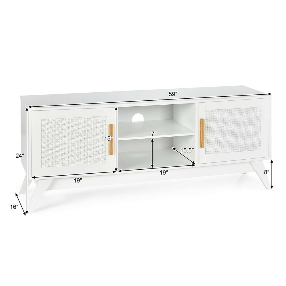 Costway - TV Stand Entertainment Media Console w/ 2 Rattan Cabinets & Open Shelves - White_1