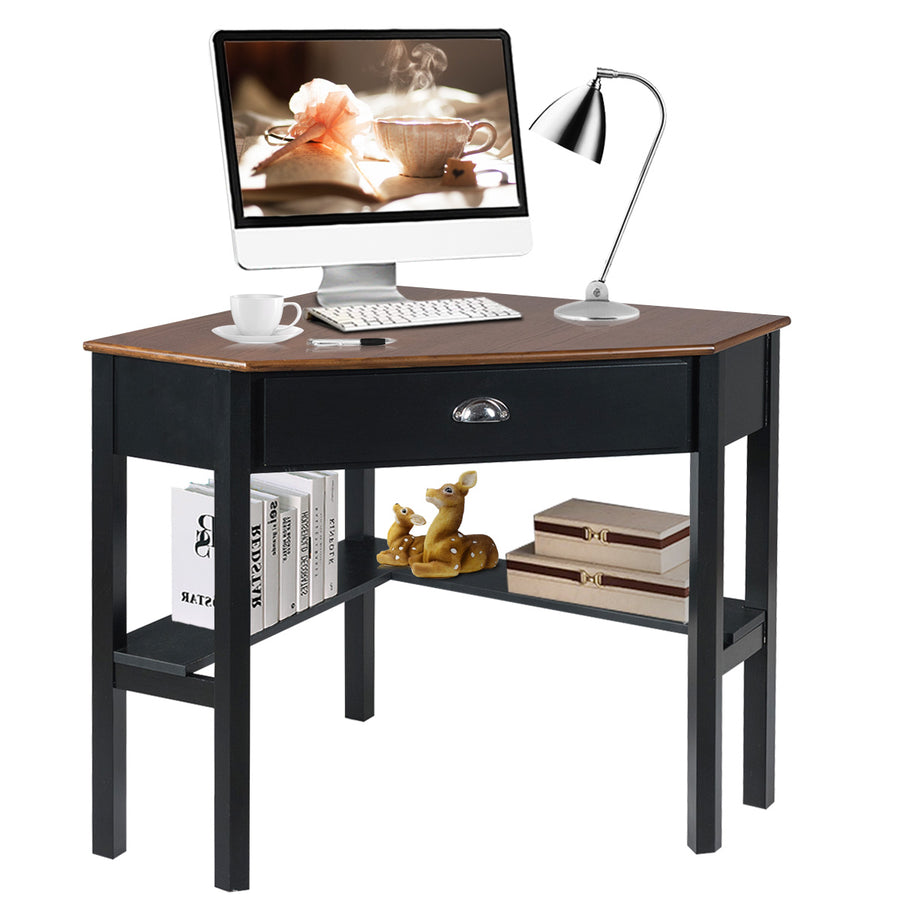 Costway - Triangle Computer Desk Corner Office Desk Laptop Table with Drawer Shelves - Rustic Coffee/Black_0