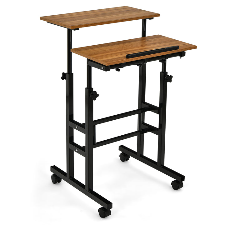 Costway - Mobile Standing Desk Rolling Adjustable Laptop Cart Home Office - Walnut_10