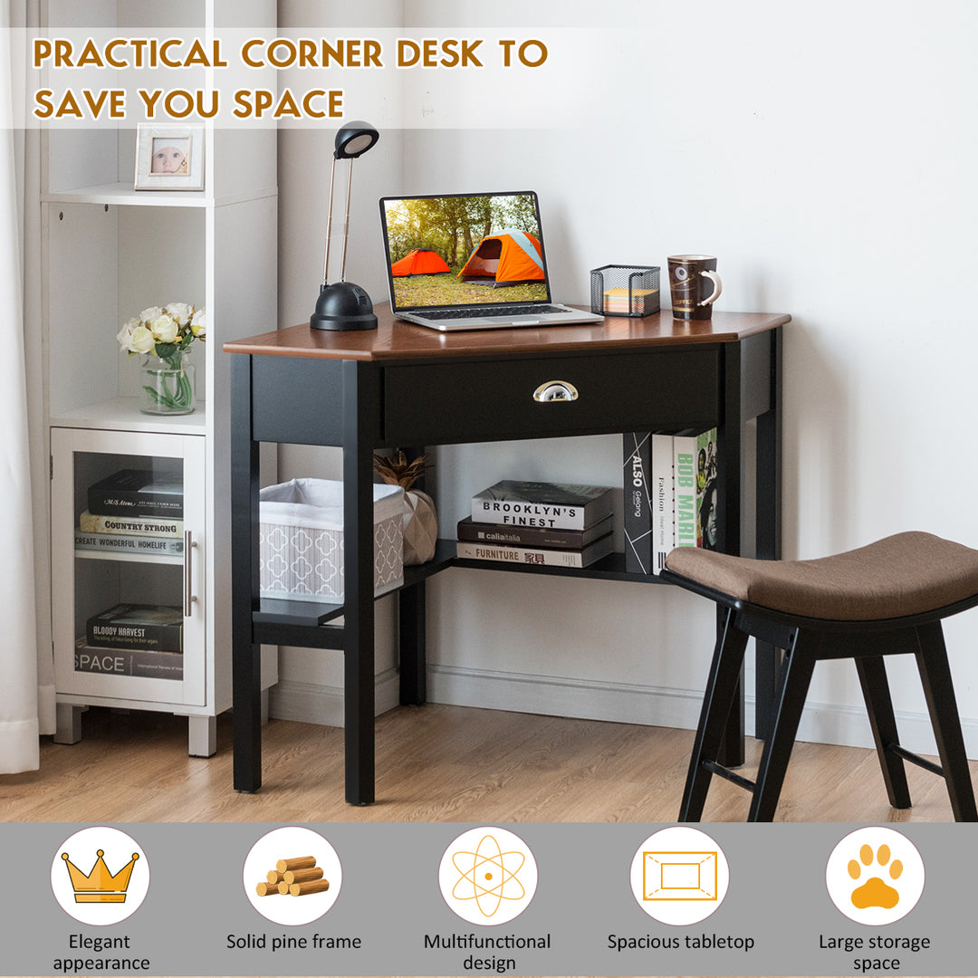 Costway - Triangle Computer Desk Corner Office Desk Laptop Table with Drawer Shelves - Rustic Coffee/Black_5