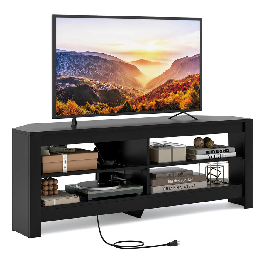 Costway - 3-Tier Corner TV Stand with Power Outlet 4 Open Storage Shelves for Living Room Black - Black_0