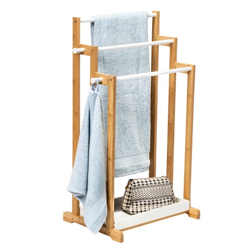 3-Tier Freestanding Bath Towel Rack, Natural White/Bamboo_0