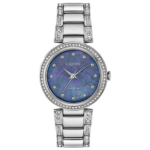 Ladies' Silhouette Crystal Eco-Drive Silver-Tone SS Watch, Blue MOP Dial_0