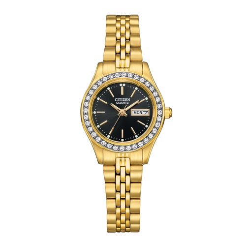 Ladies' Quartz Crystal Accent Gold-Tone Stainless Steel Watch, Black Dial_0