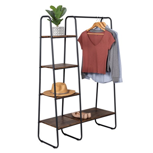 Freestanding Metal Clothing Rack w/ Wood Shelves, Black/Natural_0