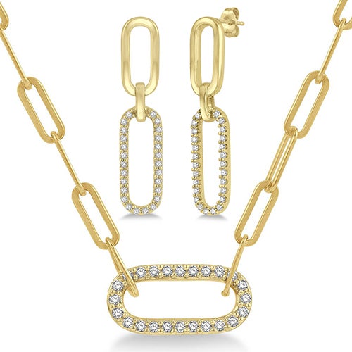 Diamond Paperclip Pendant Earring & Necklace Set, Gold_0