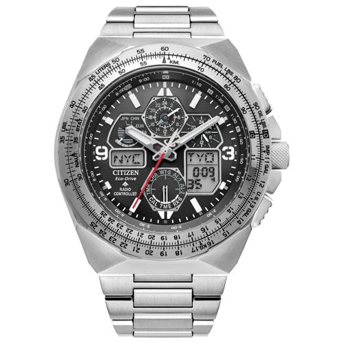 Men's Promaster Skyhawk A-T Eco-Drive Chrono Silver-Tone SS Watch, Black Dial_0