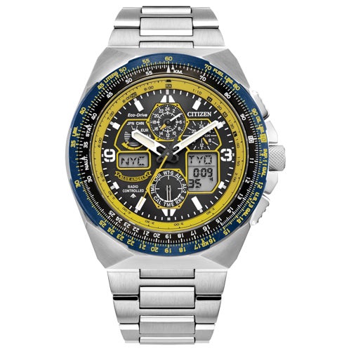 Men's Blue Angels Promaster Skyhawk A-T Eco-Drive Yellow & Silver Watch, Black Dial_0