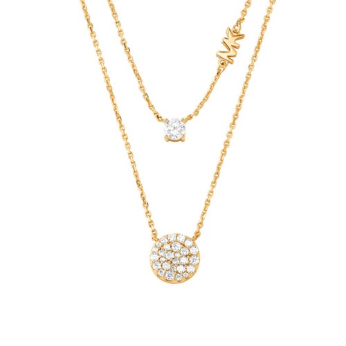 Precious Metal Sterling Silver Pave Disc Layer Necklace, 14K Gold Plated_0