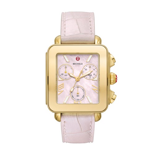 Ladies' Deco Sport Chronograph Gold & Pink Leather Watch, Pink MOP Dial_0