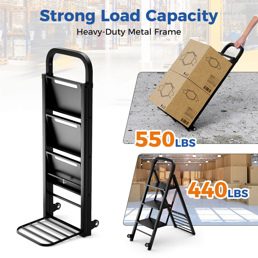 Costway - 2-in-1 Ladder and Hand Truck Combo Collapsible 3-Step Ladder with Wheels - Black_6