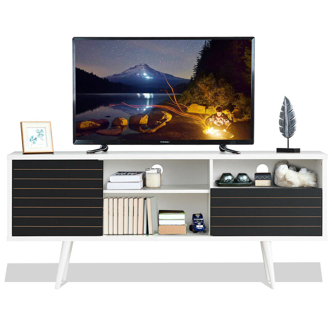 Costway - Modern TV Stand/Console Cabinet 3 Shelves Storage Drawer Splayed Leg Black/White - White/Black_8