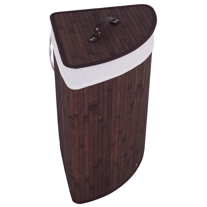 Costway Corner Bamboo Hamper Laundry Basket Washing Cloth Bin Storage Bag Lid Brown - Brown_8