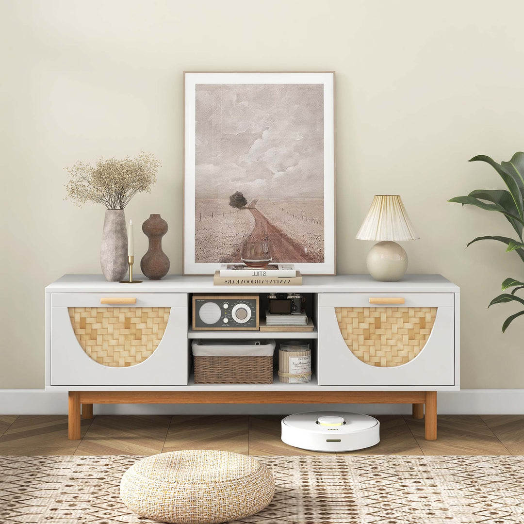 Costway - TV Stand for 55-Inch TVs with 2 Drawers & Bamboo Woven Fronts Solid Wood Legs White - White/Natural_1