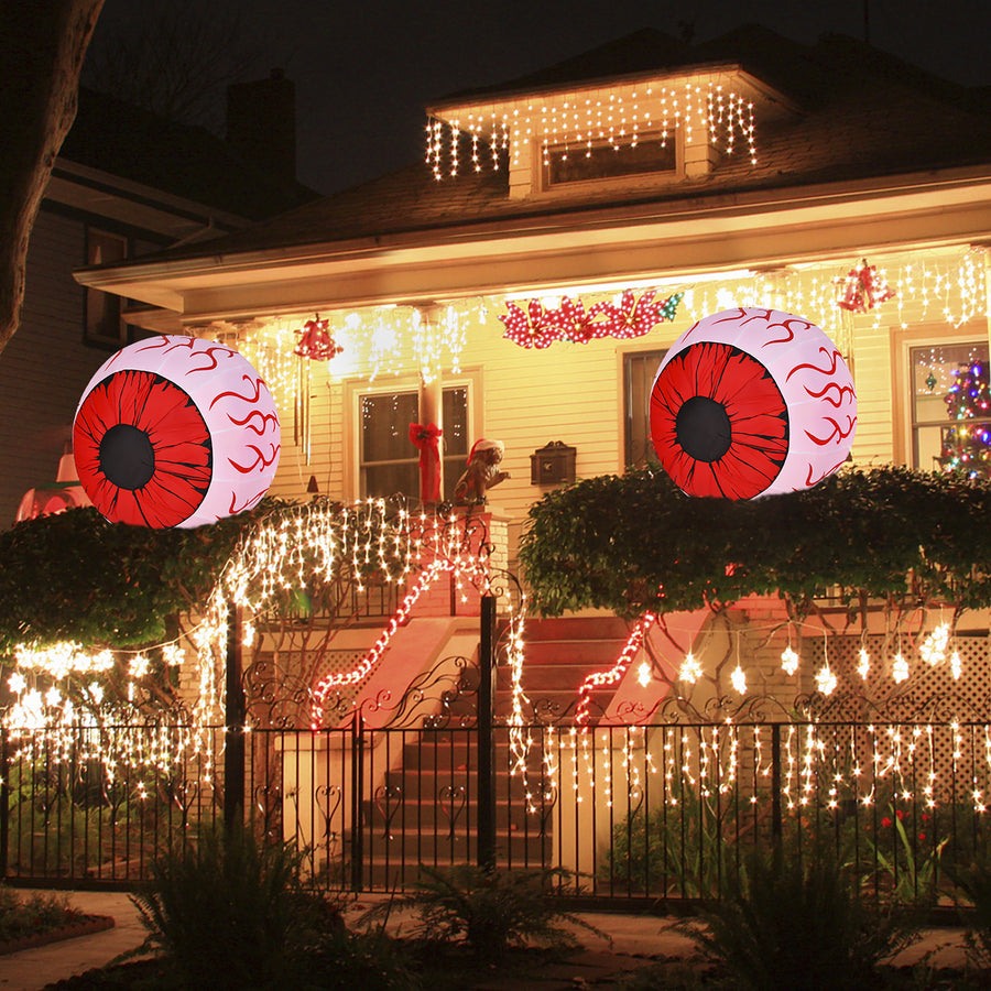 Costway - 2 Pack 3 FT Halloween Inflatable Eyeballs w/ Air Blower & LED Lights - Red_0