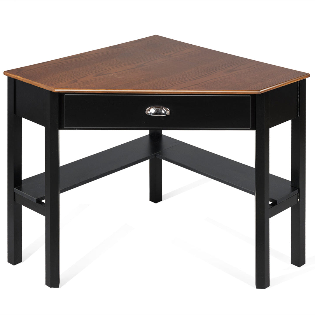 Costway - Triangle Computer Desk Corner Office Desk Laptop Table with Drawer Shelves - Rustic Coffee/Black_10