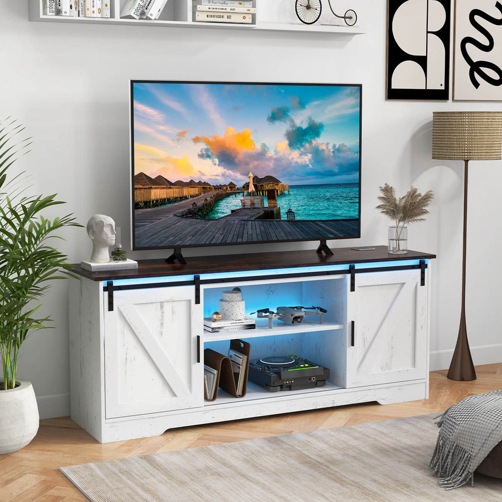 Costway - TV Stand for 65” TVs with LED Lights Adjustable Brightness Human Induction - Brushed White_1