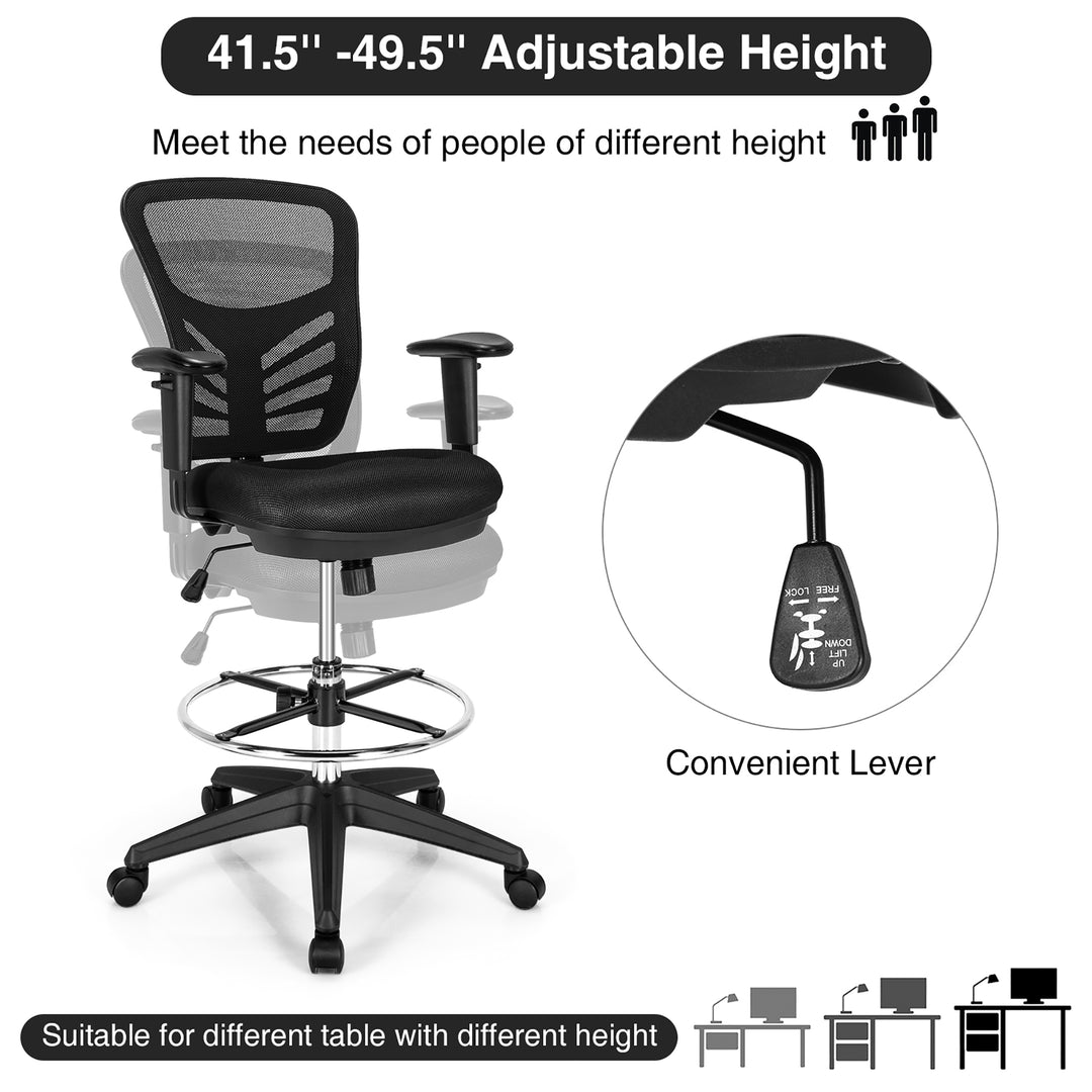 Costway - Mesh Drafting Chair Office Chair with Adjustable Armrests and Foot-Ring - Black_7