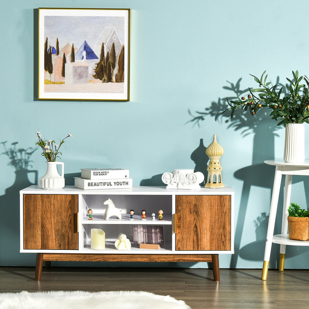 Costway - TV Stand Entertainment Media Console w/2 Storage Cabinets & Open Shelves - White/Rustic Oak_3