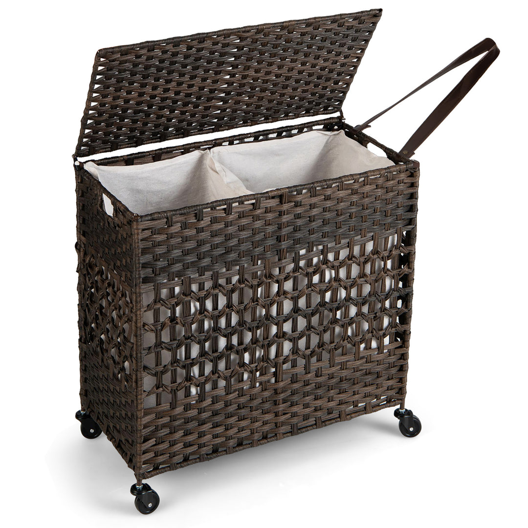 Costway 110L Laundry Hamper w/Wheels Clothes Basket w/Lid and Handle and 2 Liner Bags - Brown_9