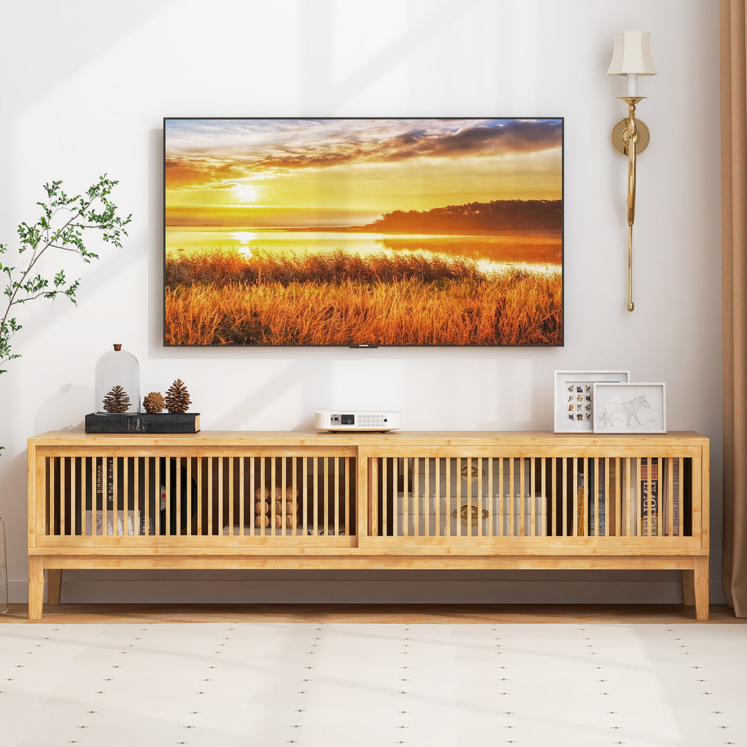 Costway - TV Stand for TVs up to 65 Inches w/ Sliding Slatted Doors 5 Cable Holes Natural - Natural_4