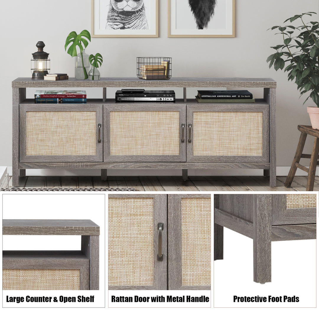 Costway - TV Stand Entertainment Media Center for TV's up to 65'' w/ Rattan Doors Grey Oak - Gray Oak_9