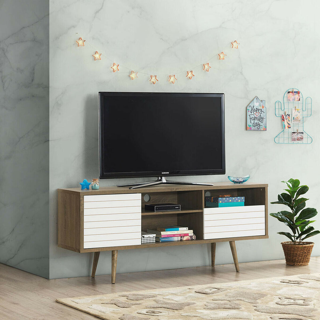 Costway - Modern TV Stand/Console Cabinet 3 Shelves Storage Drawer Splayed Leg Wood/White - Oak/White_3