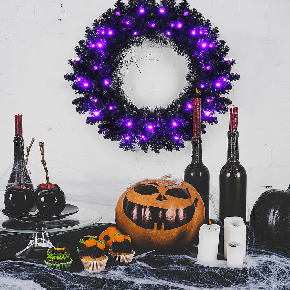 Costway - 24inch Pre-lit Christmas Halloween Wreath w/ 35 Purple LED Lights - Black_1