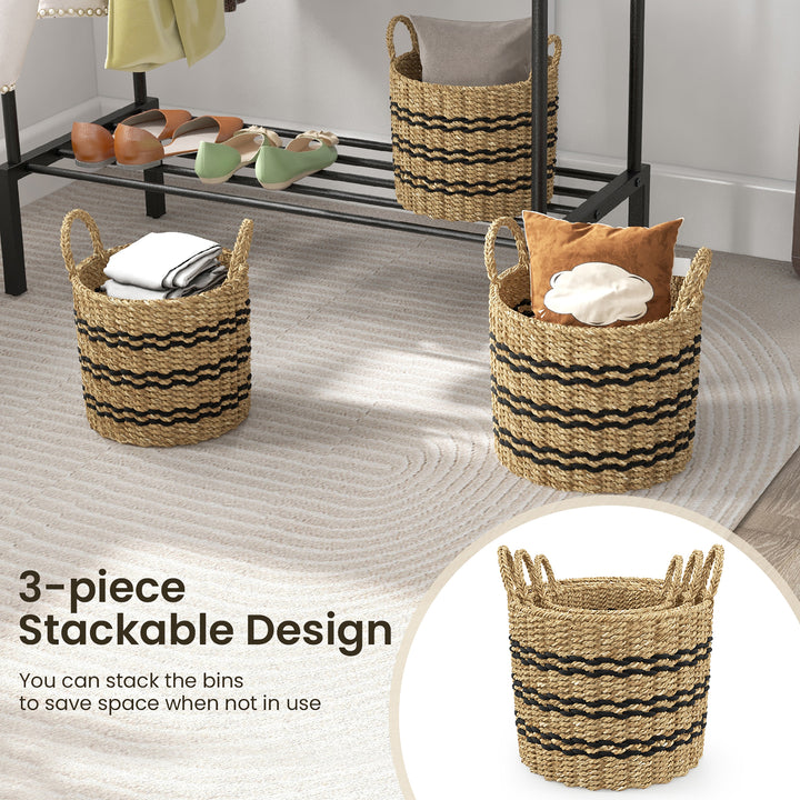 Costway Seagrass Basket Set of 3 Stackable Storage Bins w/ Handles Home Organizers - Natural_5