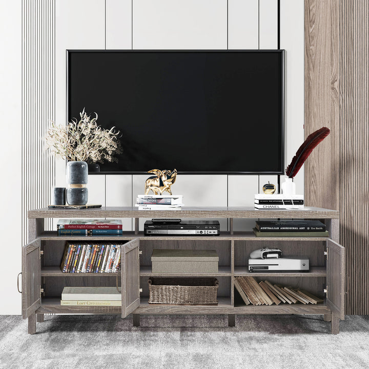 Costway - TV Stand Entertainment Media Center for TV's up to 65'' w/ Rattan Doors Grey Oak - Gray Oak_2