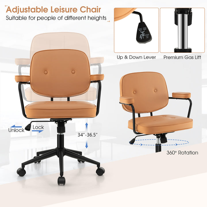 Costway - PU Leather Office Chair Adjustable Swivel Leisure Desk Chair with Armrest - Orange_6