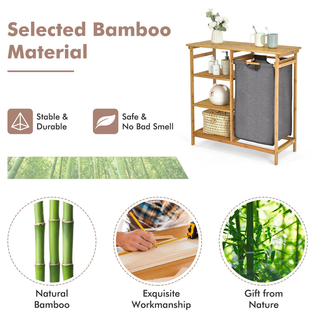 Costway Laundry Hamper Basket Table Bamboo w/Storage Shelves and Sliding Bag - Natural_7