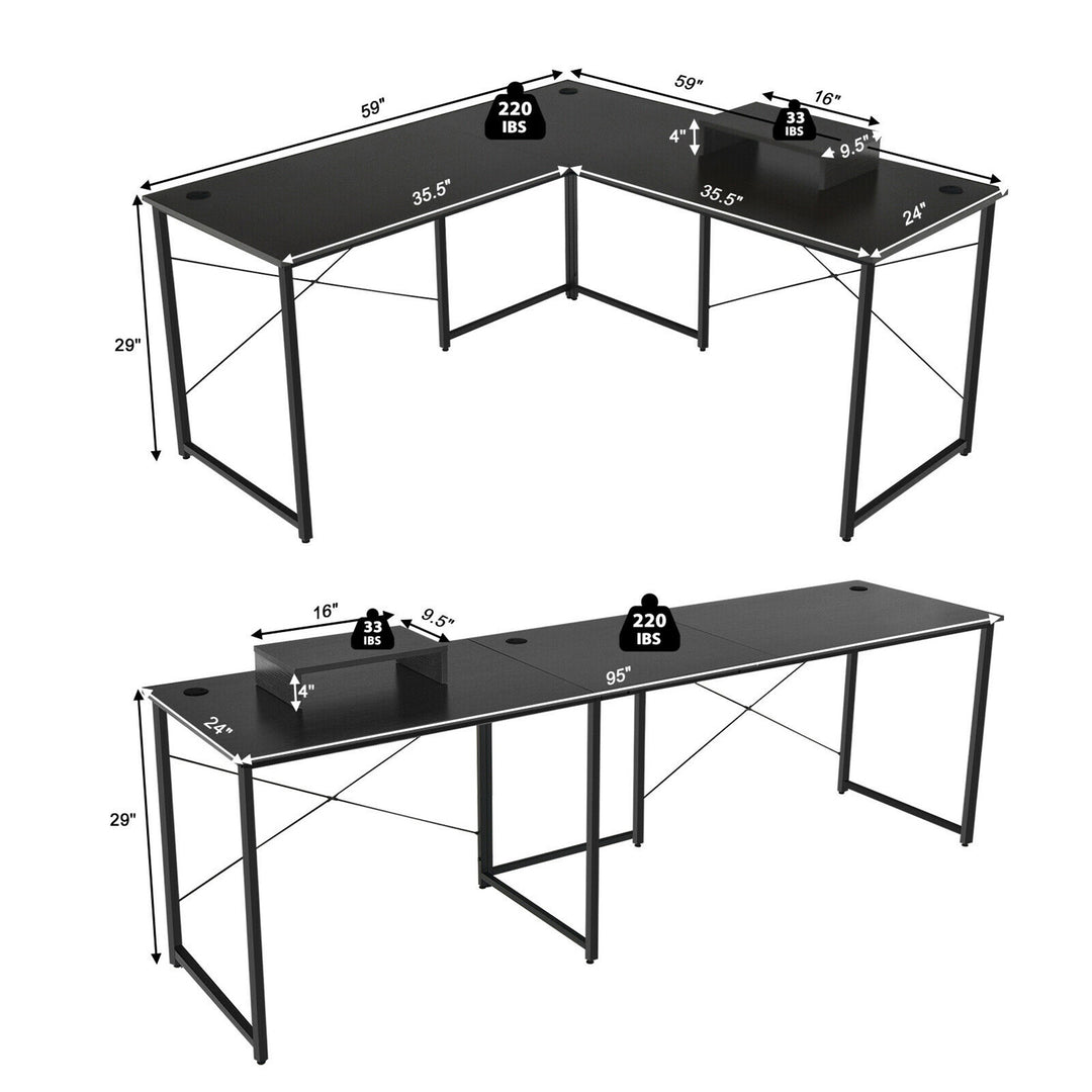 Costway - L-Shaped Reversible Computer Desk 2-Person Long Table with Monitor Stand - Black_3