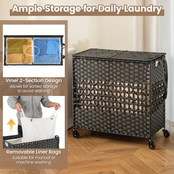 Costway 110L Laundry Hamper with Wheels Clothes Basket Lid & Handle & 2 Liner Bags Black - Black_7